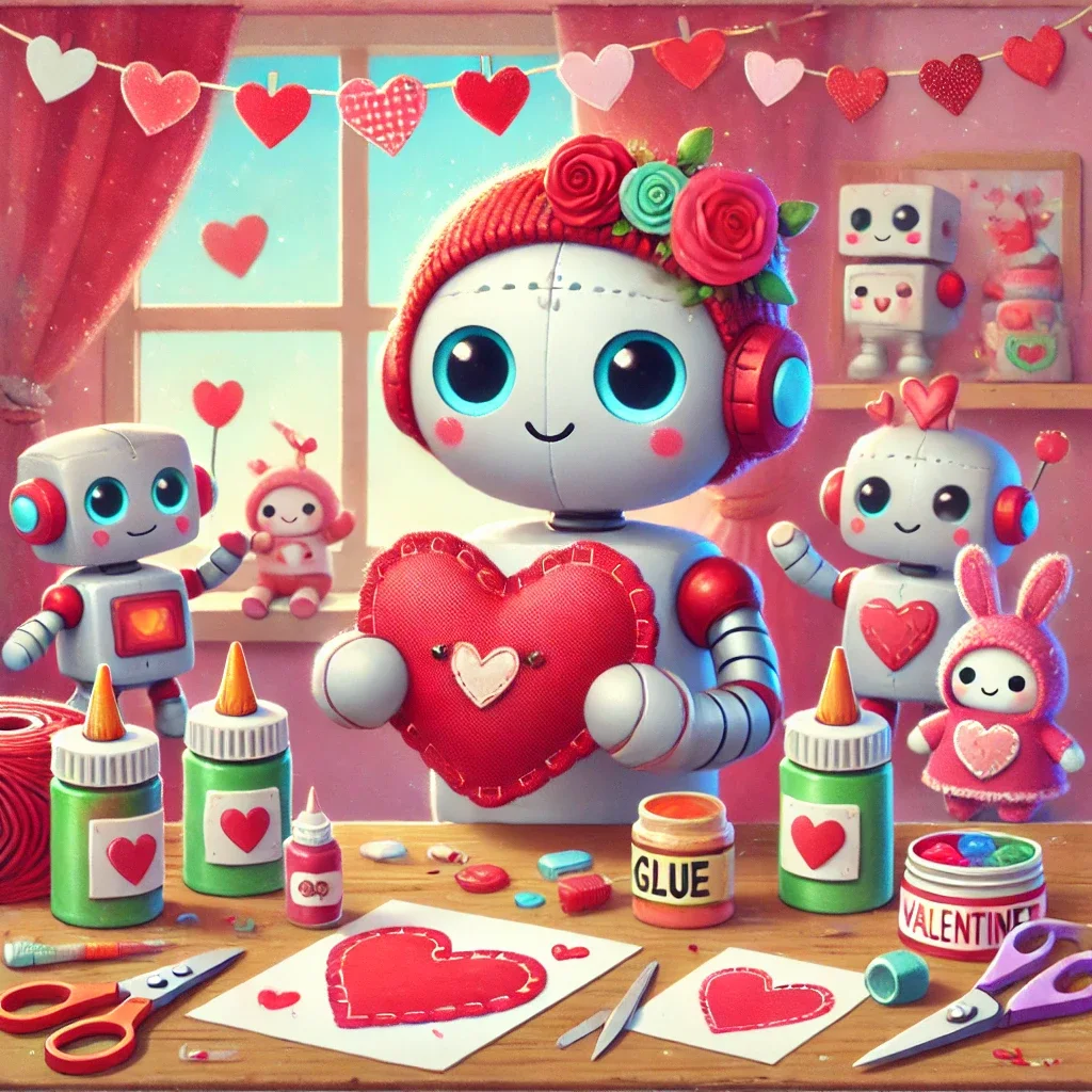 DALL·E 2025-02-13 19.29.44 - A heartwarming Valentine-s Day-themed digital illustration featuring adorable robot characters engaging in arts and crafts. The scene includes colorfu