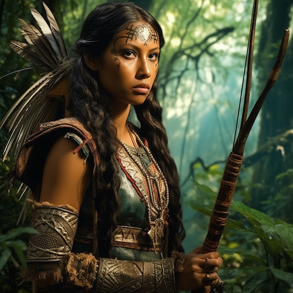 A native american girl holding bow & arror 