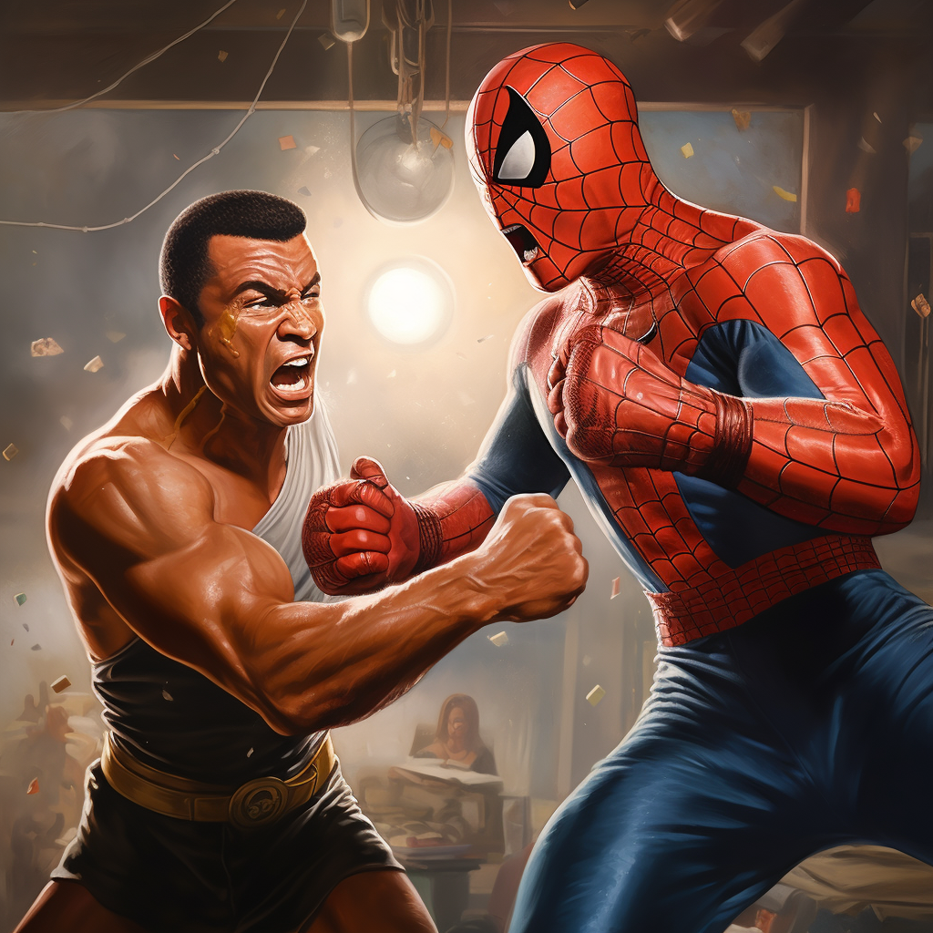 Boxing match between Ali and Spiderman 
