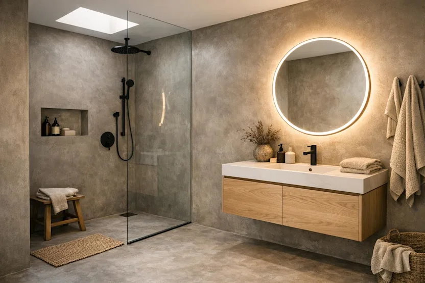 Béton ciré dans la salle de bain : style, contraintes techniques et alternatives crédibles