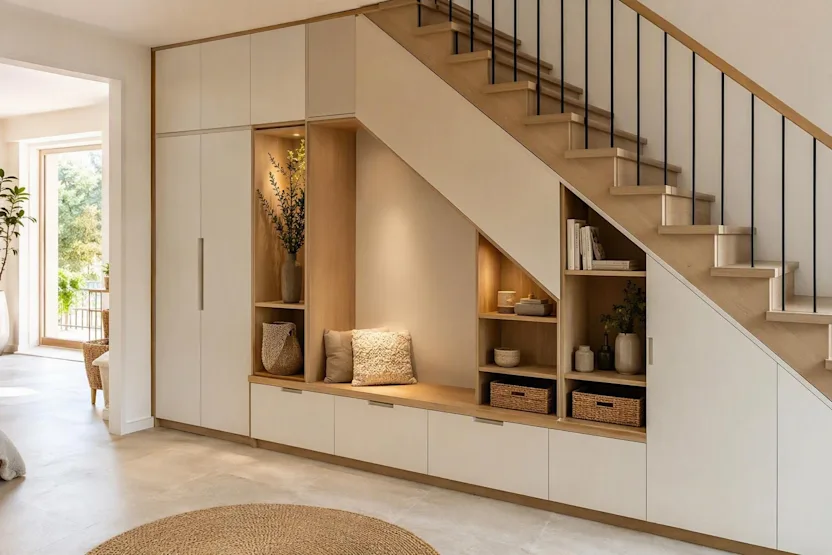 Fabriquer un meuble sous escalier : plan, cotes et rangements sur mesure