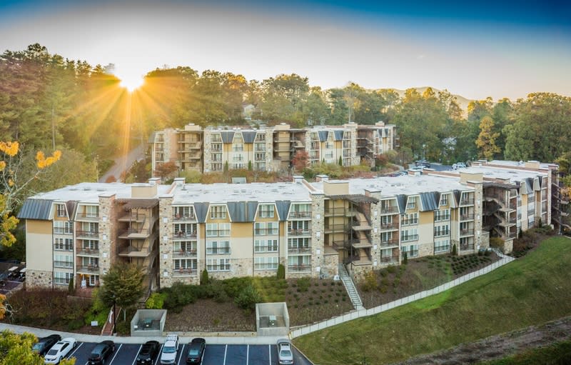 The sun rises over The Residences at Biltmore in Asheville, North Carolina. 