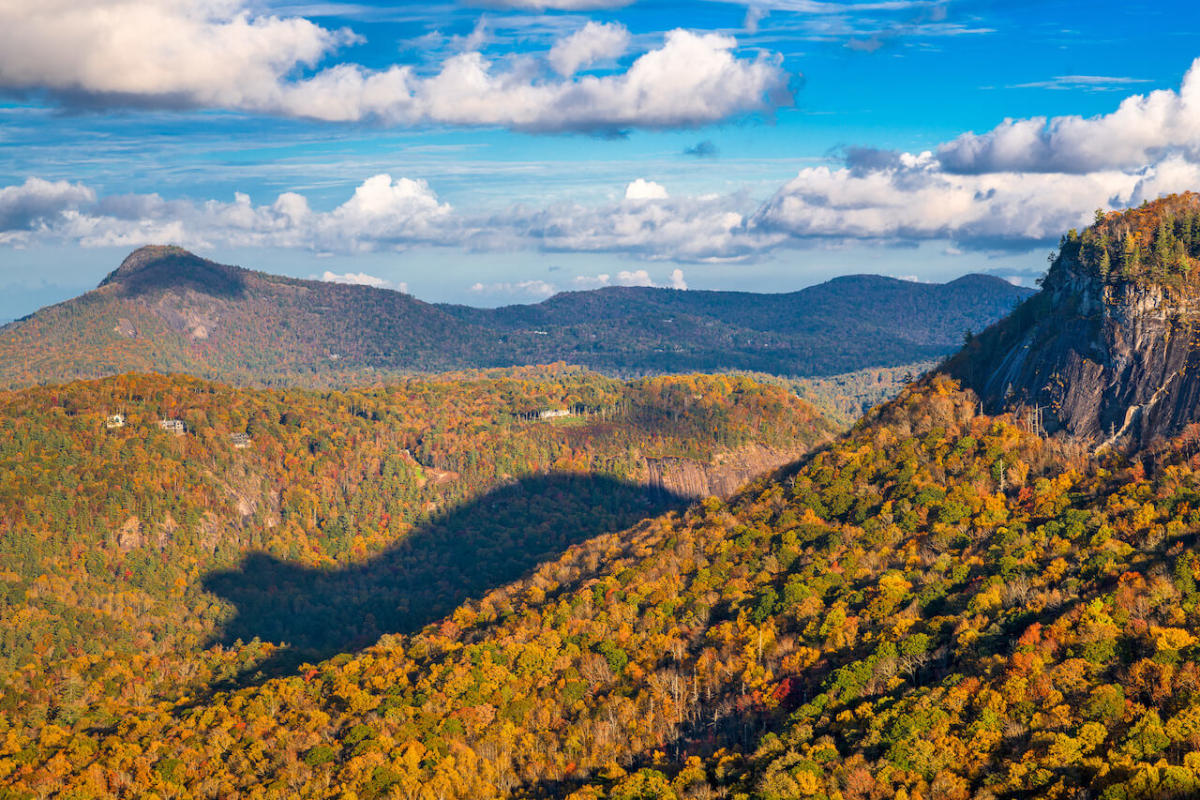 The “Shadow of the Bear,” in the Nantahala National Forest. For a few weeks out of the year, the sun shines on the Whiteside Mountain just right, forming a shadow that looks like a gigantic bear hugging the mountainside. 