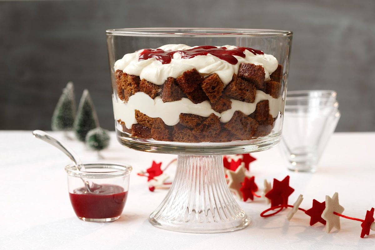 Gingerbread Trifle with Lemon Curd and Raspberry Sauce – Featured Image