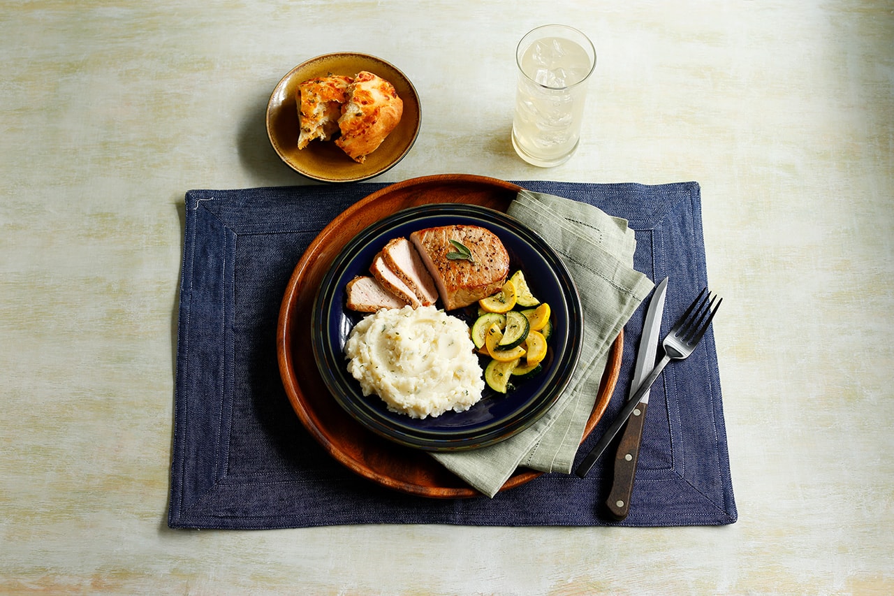 Tender Boneless Pork Chop with Idahoan® Hidden Valley Ranch Mashed Potatoes and Summer Squash