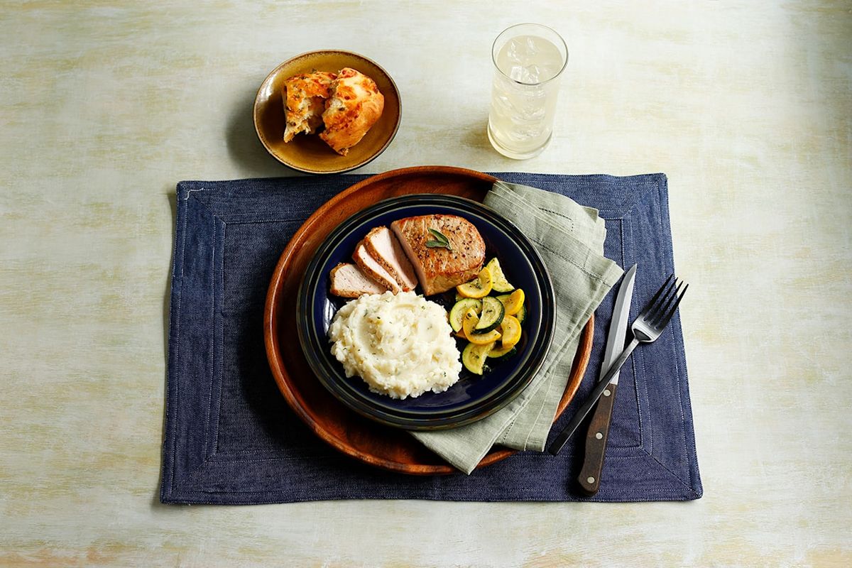 Tender Boneless Pork Chop with Idahoan® Hidden Valley Ranch Mashed Potatoes and Summer Squash – Featured Image
