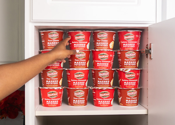 Idahoan On-The-Go Cups stocked up in cabinet