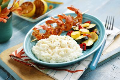 Idahoan® Chicken Broth Mashed Potatoes with Grilled Garlic Butter Shrimp and Roasted Zucchini and Peppers