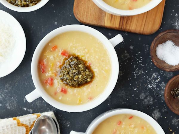 Roasted Garlic and Parmesan Potato Soup with Peppers, Carrots and Pesto
