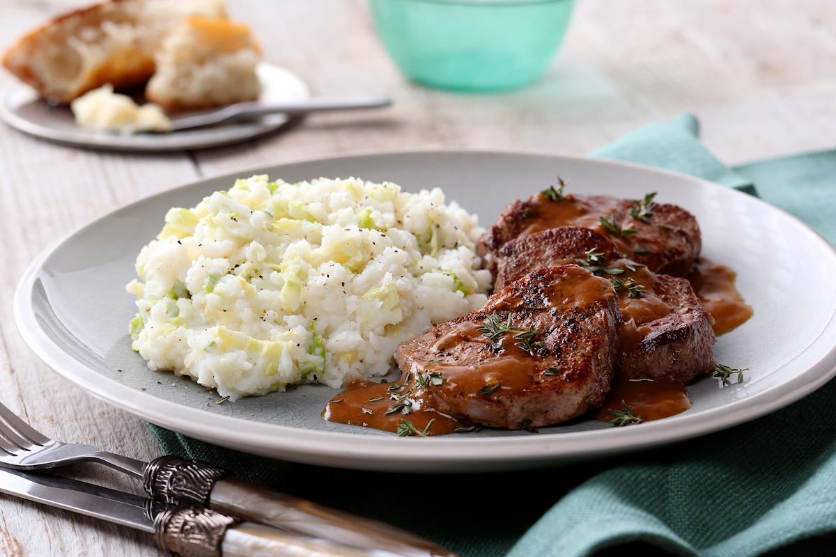 Spring Mashed Potatoes with Beef Medallions and Shallot-Thyme Sauce – Featured Image