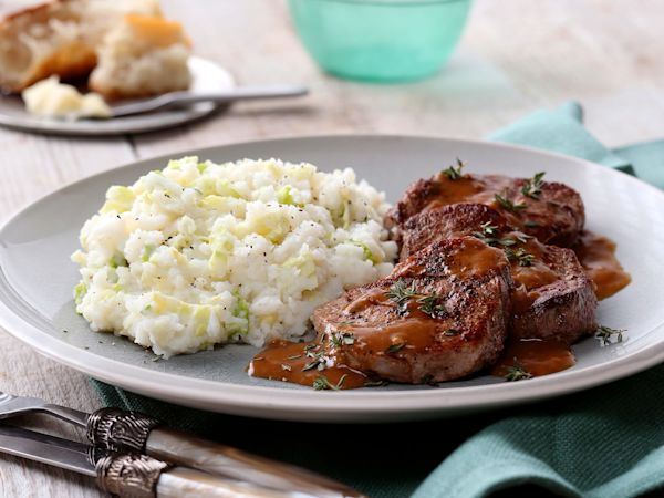 Spring Mashed Potatoes with Beef Medallions and Shallot-Thyme Sauce