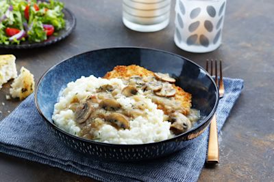 Idahoan® Chicken Broth Mashed Potatoes with Crisp Pork Schnitzel and Mushroom Gravy