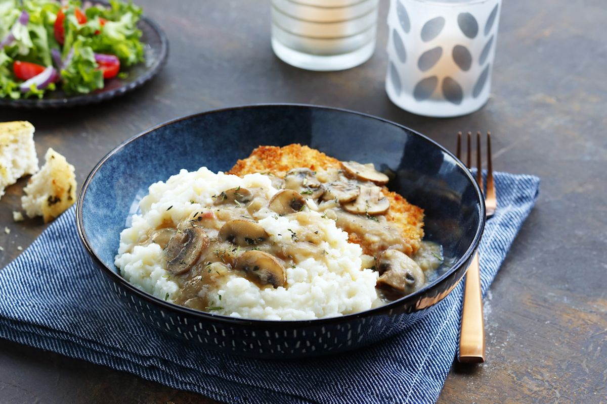 Idahoan® Chicken Broth Mashed Potatoes with Crisp Pork Schnitzel and Mushroom Gravy – Featured Image