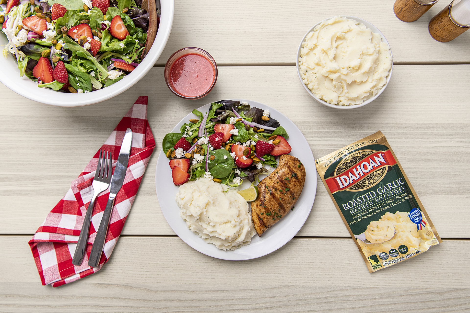 Grilled Chicken & Strawberry Summer Salad with Roasted Garlic Mashed Potatoes