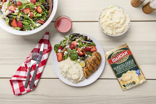 Grilled Chicken & Strawberry Summer Salad with Roasted Garlic Mashed Potatoes