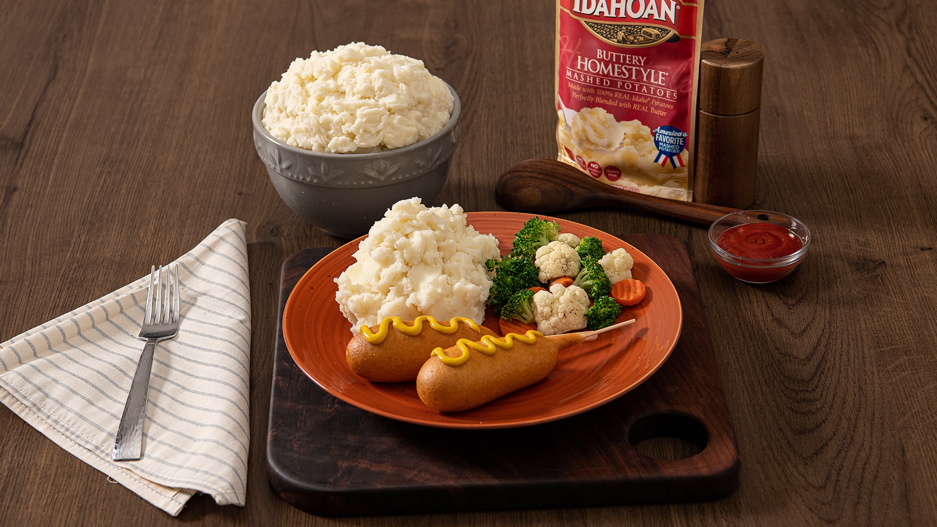 Corndogs with Idahoan Buttery Homestyle Mashed Potatoes