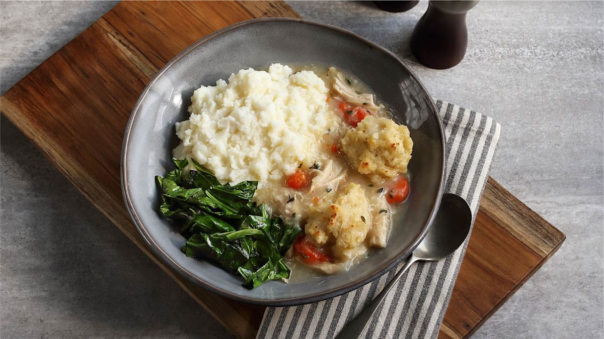 Chicken and Dumplings with Mashed Potatoes and Collard Greens – Featured Image