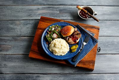 Idahoan® Hidden Valley Ranch Mashed Potatoes with BBQ Beef Brisket Sandwich