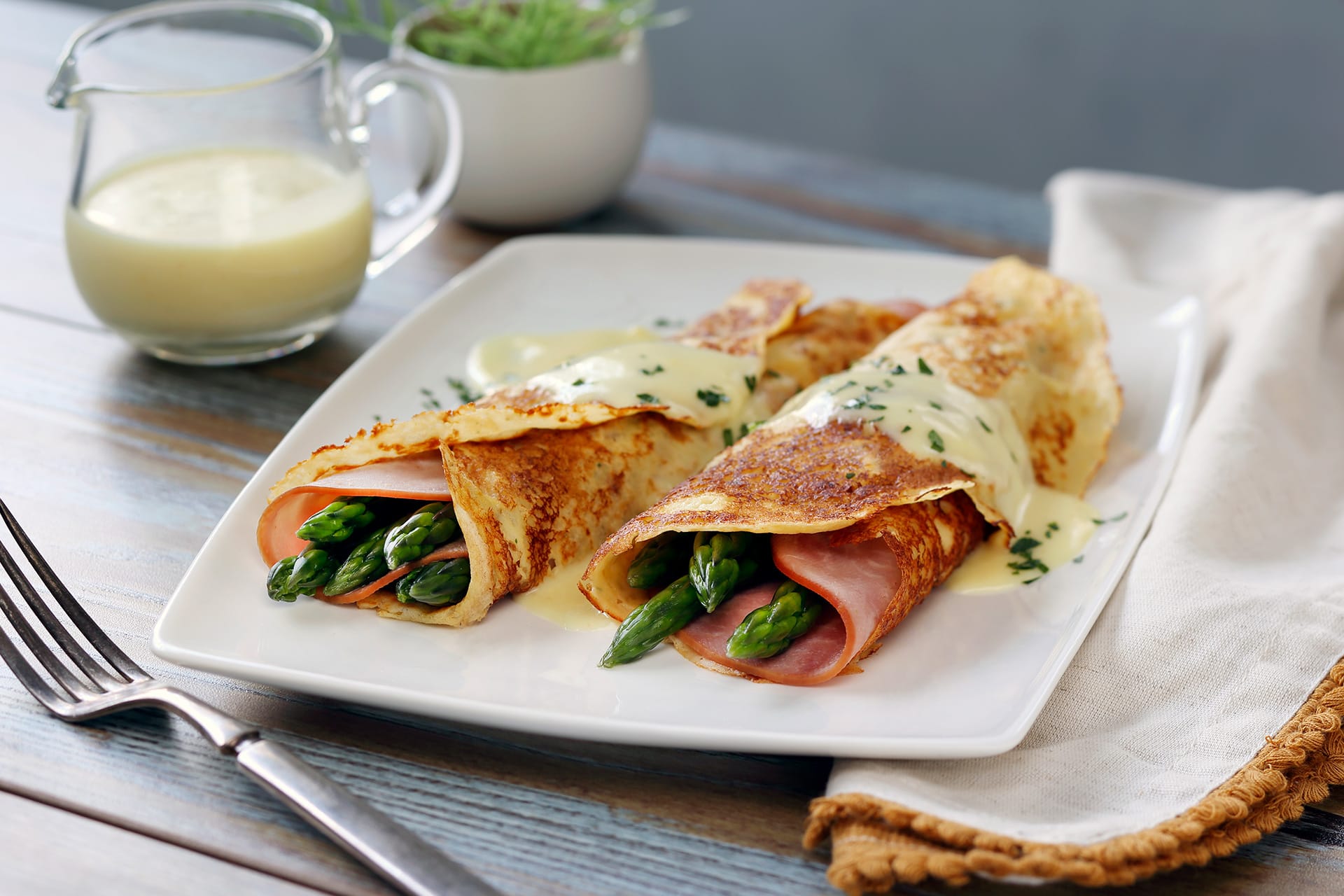 Potato Crepes with Asparagus and Ham