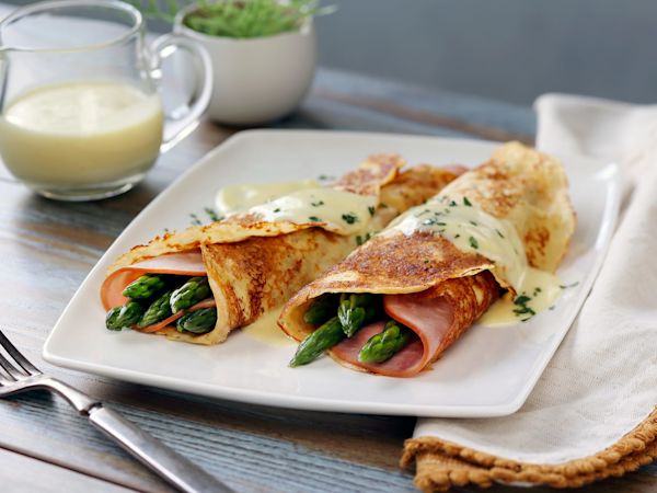 Potato Crepes with Asparagus and Ham