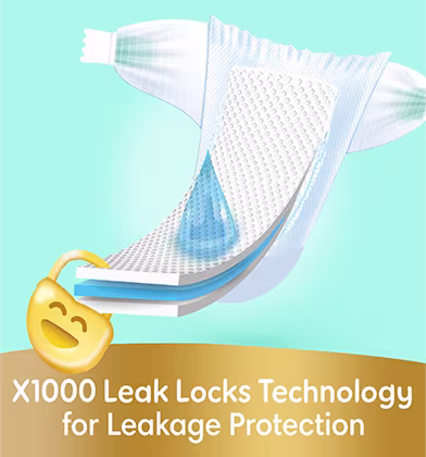 X1000 Leak Locks technology for leakage protection — superior absorbency keeping baby dry X1000 Leak Locks technology for leakage protection — superior absorbency keeping baby dry