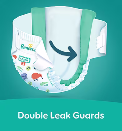 Double Leak Guards — Pampers diaper with reinforced side barriers to prevent leaks Double Leak Guards — Pampers diaper with reinforced side barriers to prevent leaks