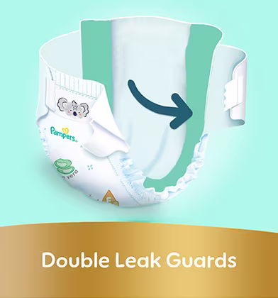 Double Leak Guards — Pampers diaper with reinforced side barriers for leak protection Double Leak Guards — Pampers diaper with reinforced side barriers for leak protection