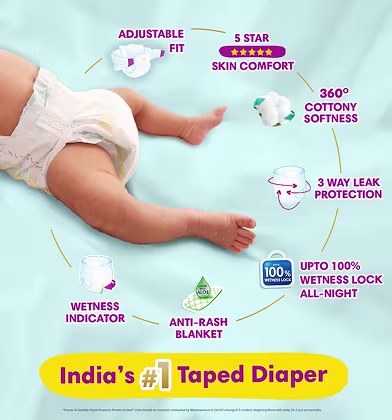 Baby from a tummy down and icons describing the features of Pampers Active Baby diapers