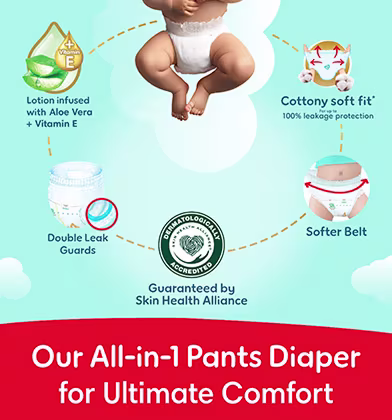 Our all-in-one pants diaper for Ultimate Comfort — complete care in a single pull-up design Our all-in-one pants diaper for Ultimate Comfort — complete care in a single pull-up design