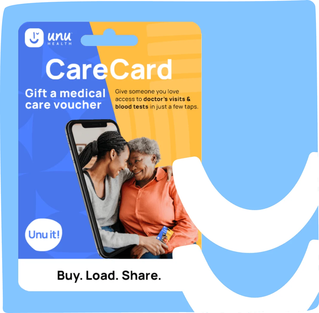 Unu CareCard virtual voucher image, allowing you to gift doctors consults or blood tests from your phone.
