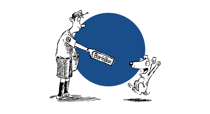 Illustration of mail carrier handing a dog a BarkBox