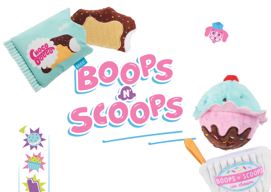 Boops N' Scoops themed BarkBox full of plush toys, treats, and chews