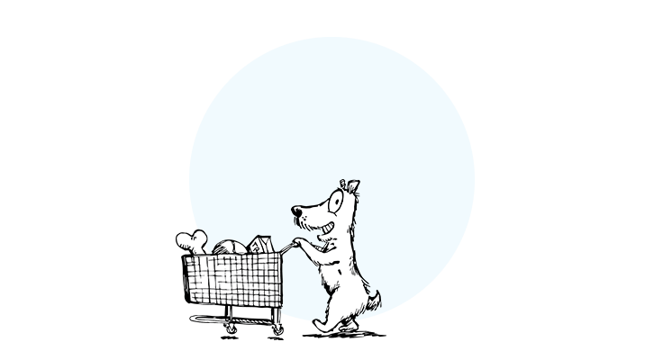 Illustration of dog pushing shopping cart