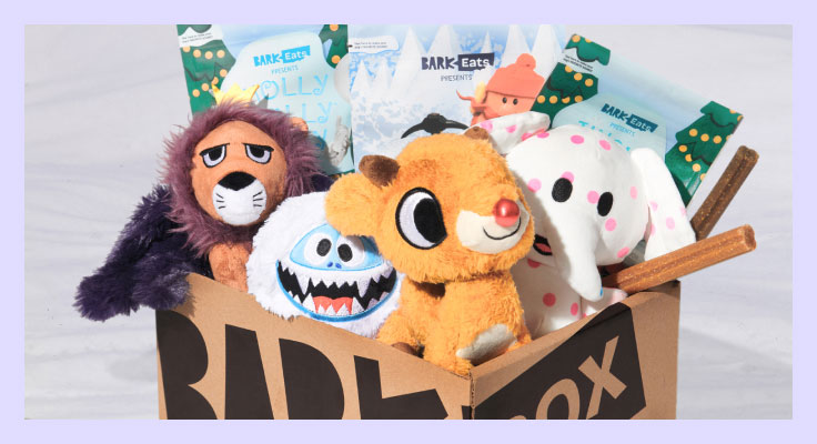 BarkBox filled with Rudolph® themed toys and treats