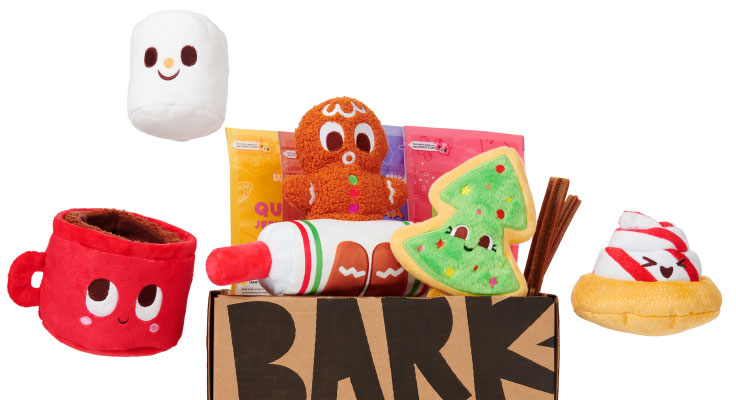 BarkBox full of holiday themed toys, treats and chew sticks
