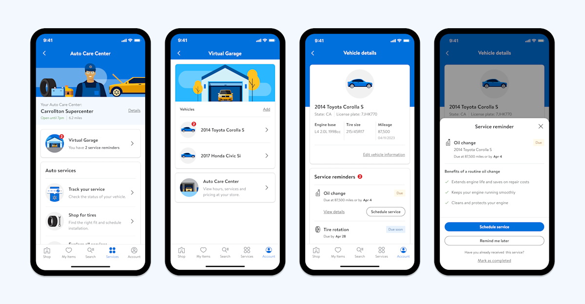 Final UI screens incorporating service reminders into customer's garage profile.