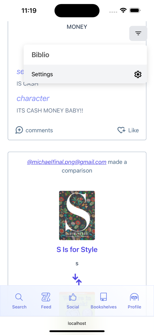 Feed page with updated menu