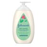 A white bottle of Johnson’s Skin Nourish Moisturizing Lotion with a pump top, featuring green labeling indicating “24hr lightweight moisture for the whole family," "aloe scent & vitamin E," "16.9 FL OZ (500 mL)."