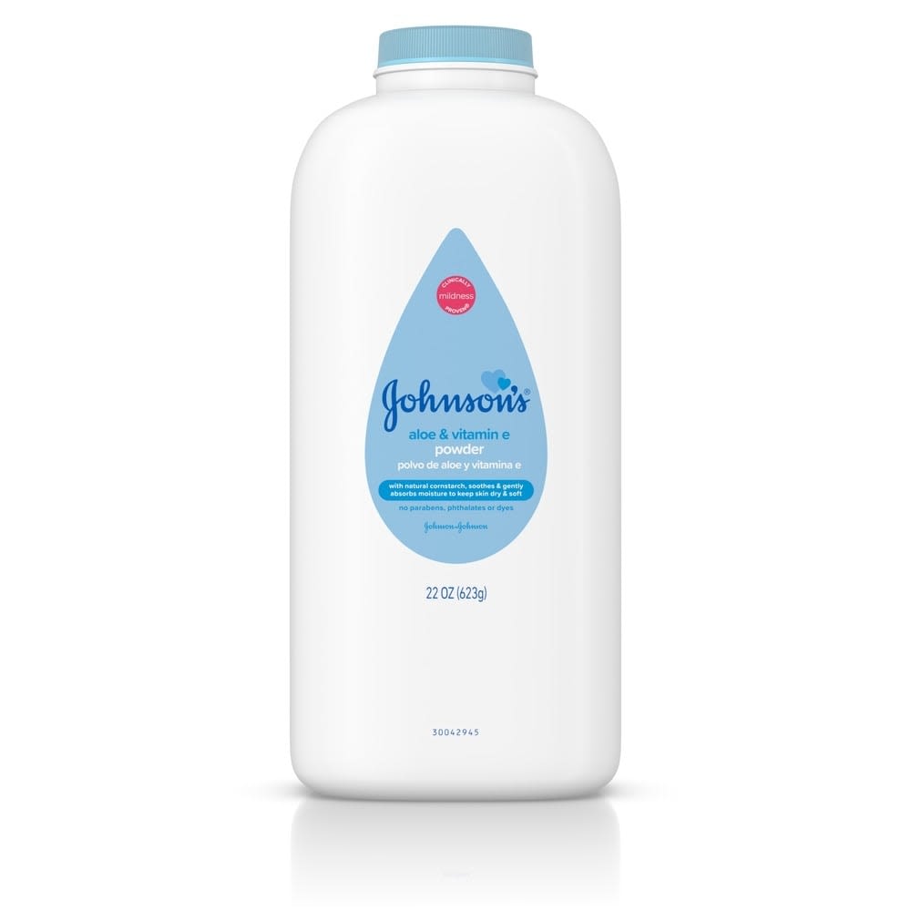 Johnson's Aloe & Vitamin E Powder, 22 oz, with a mild formula for soothing and softening baby's skin, free from parabens, phthalates, and dyes.