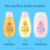 Three Johnson's baby products, From left to right: 1) Shampoo, 2) Wash, and 3) Lotion