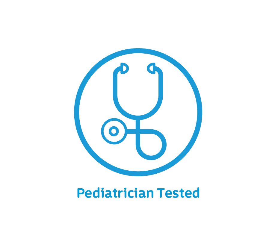 Blue stethoscope icon inside a circle with the text 'Pediatrician Tested' below.