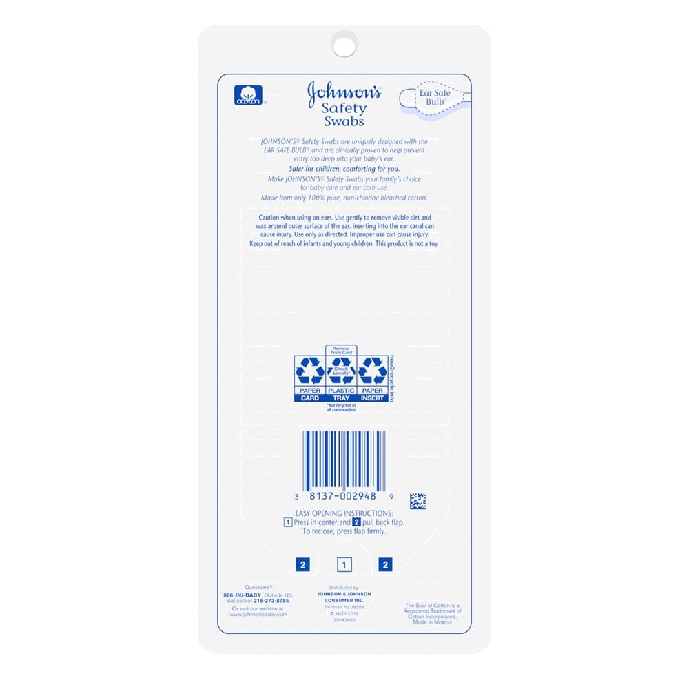 Back side of Johnson's Safety Swabs package with usage instructions, product description, recycling symbols, and barcode.