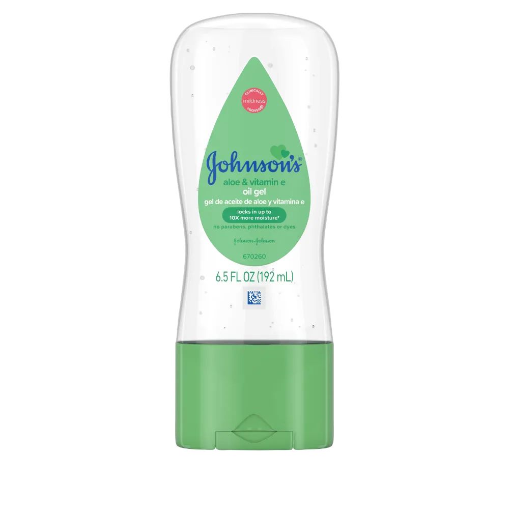 A clear bottle filled with green-tinted gel stands upright. The label reads "Johnsons, Baby Oil Gel with Aloe Vera & Vitamin E, 6.5 FL OZ (192 mL)" and features a green cap.