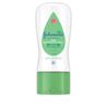 A translucent bottle labeled "Johnson's Baby Lotion Aloe Vera & Vitamin E" with a green flip-top cap stands upright against a white background.