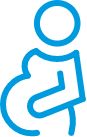 Blue icon of a pregnant woman holding her belly, representing maternal health and the importance of care during pregnancy and early childhood.