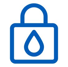 Blue icon of a lock with a water droplet in the center, representing moisture protection.