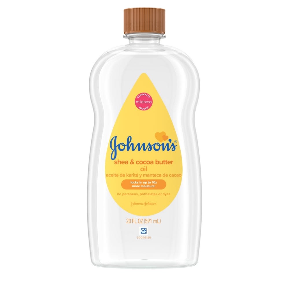 Johnsons Baby Shea & Cocoa Butter Oil, 20 fl oz, with mildness icon, labeled for up to 10 times more moisture, no parabens, phthalates, or dyes.