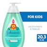 Johnson's no more tangles 2-in-1 shampoo & conditioner bottle, 20.3 fl oz (600 ml), for kids, with a lion illustration on the label, labeled for unlocking knots and tangles.