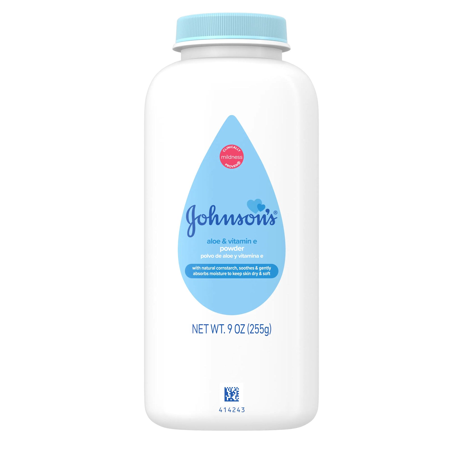 Front Pack Shot of Johnson's® Cornstarch Baby Powder with Aloe & Vitamin E 9oz 255g