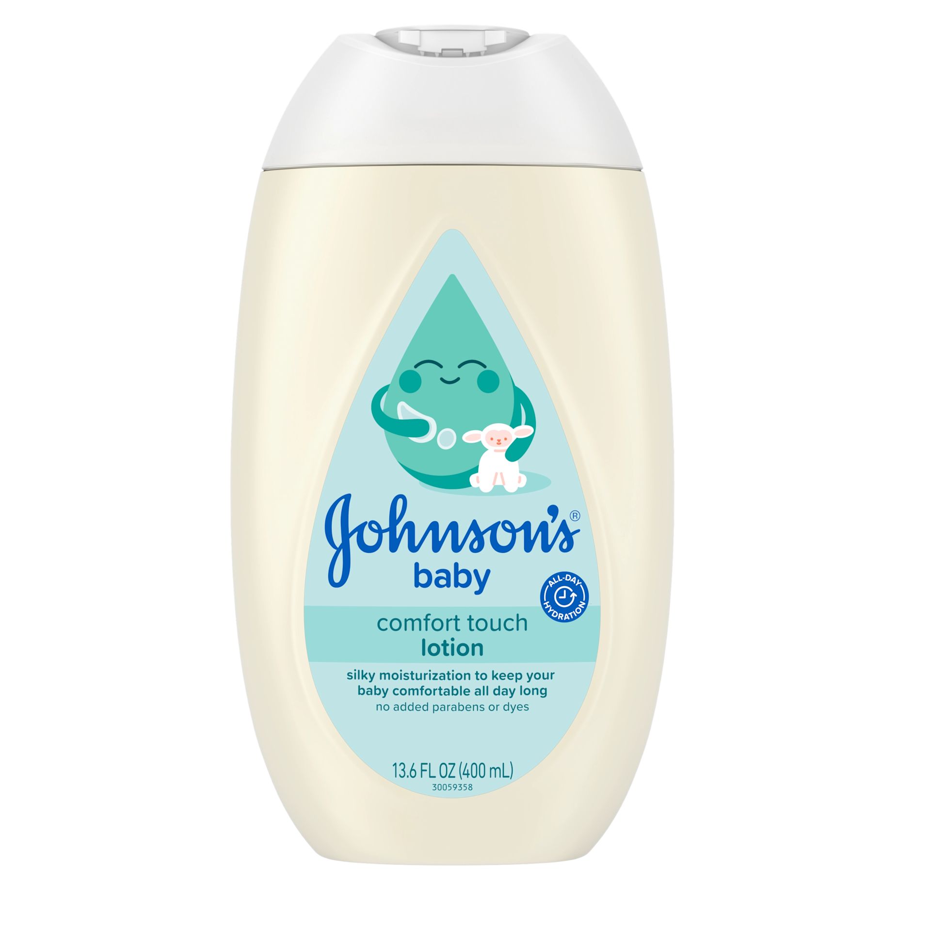 Front pack shot of Johnson's® Baby Comfort Touch Newborn Baby Face & Body Lotion 13.6oz